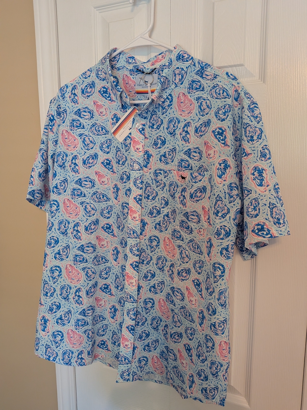Simply Southern Seersucker Short Sleeve Button-Up with Blue and Pink OysterPrint
